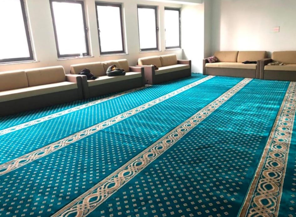 İbadet alanında saf çizgileri bulunan yeşil desenli cami halısı